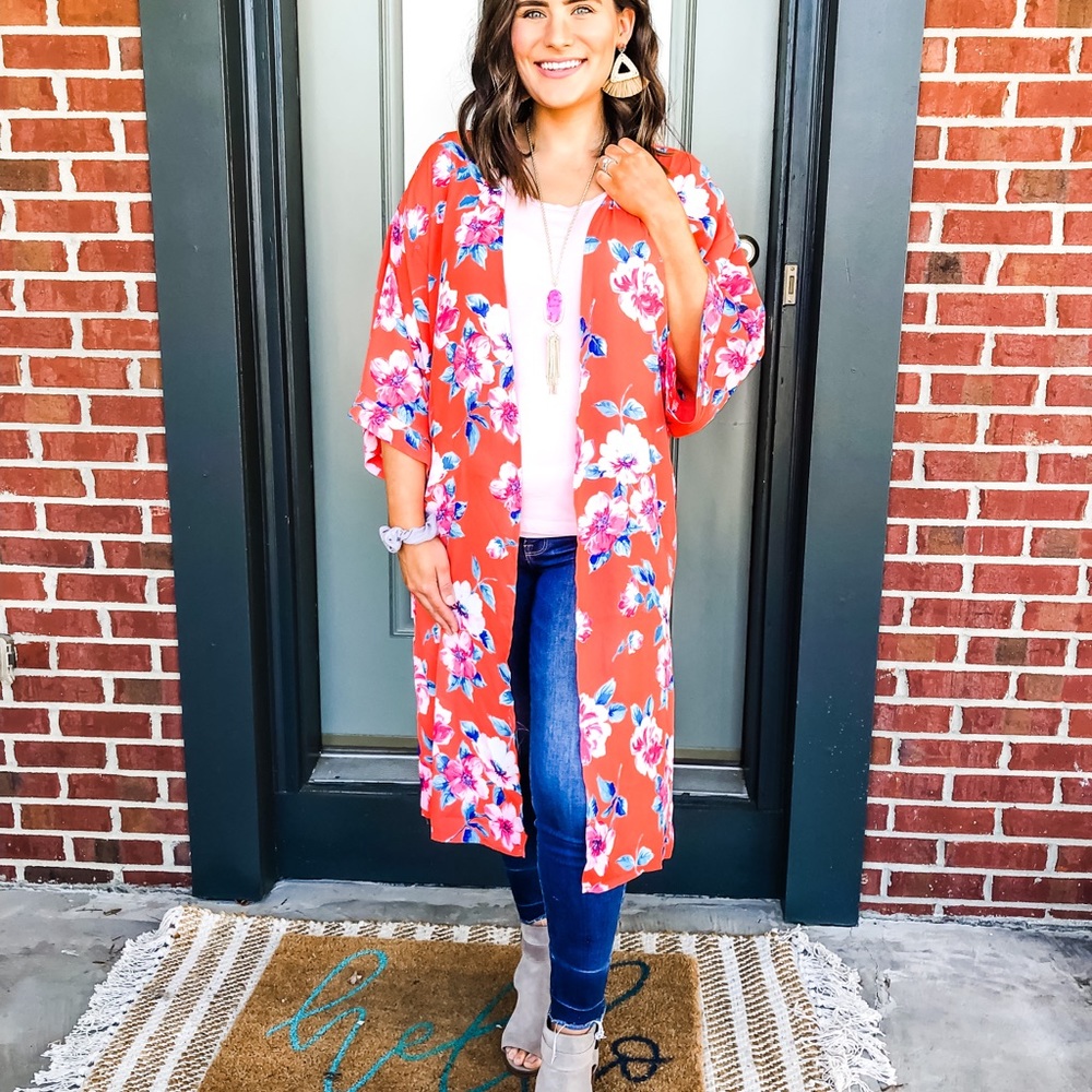 GRAND CANYON SUNSET FLORAL DUSTER KIMONO ORANGE